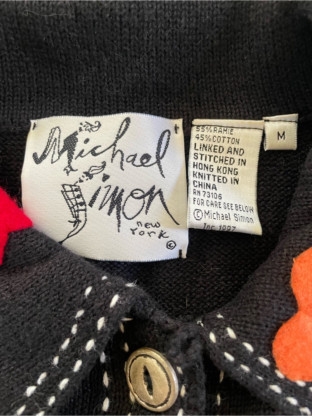 Vintage Michael Simon Black Vest with Multicolor Felt Flower Appliqué - Picture 4 of 8